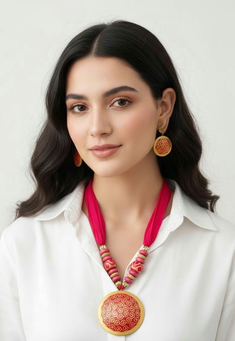 Hand Made Terracotta Or Clay Round Necklace Set