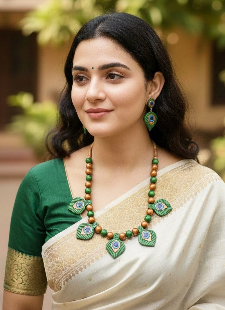 Hand Made Terracotta Or Clay Peacock Feather Necklace Set