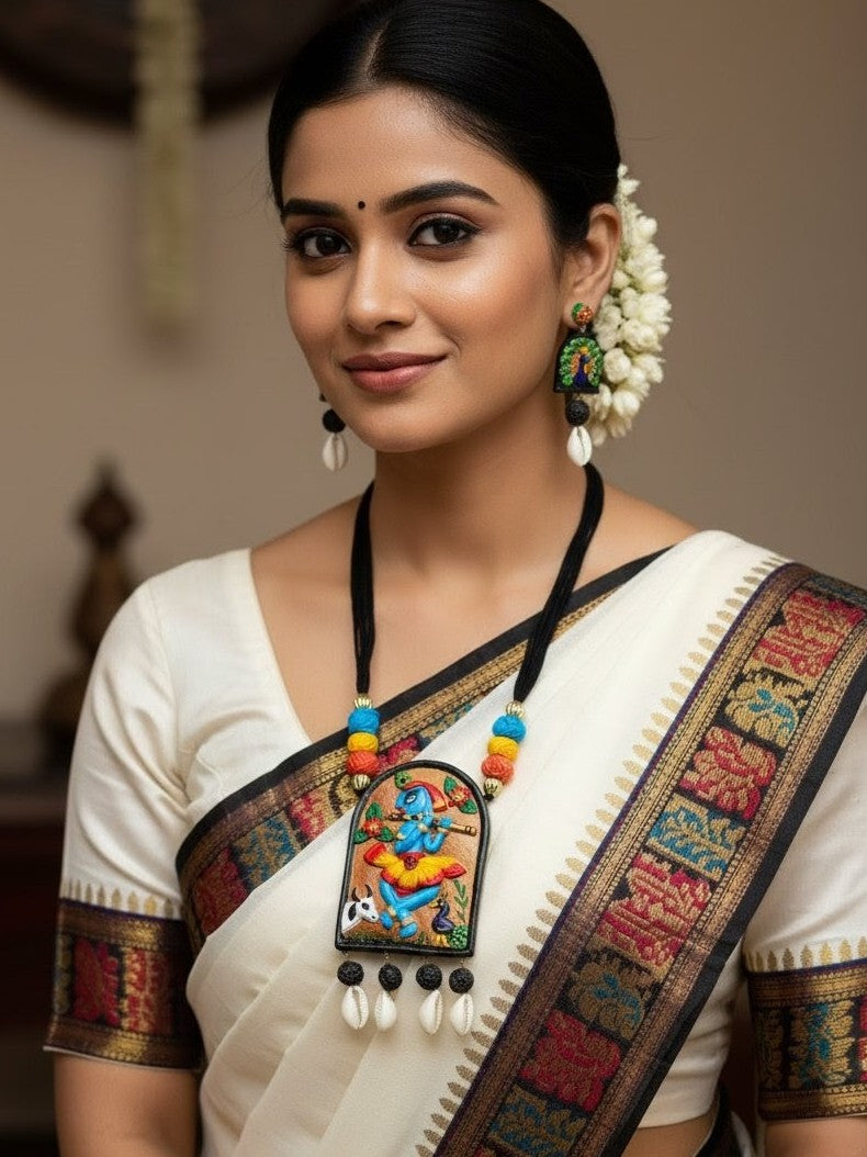 Hand Made Terracotta Or Clay Krishna Necklace Set