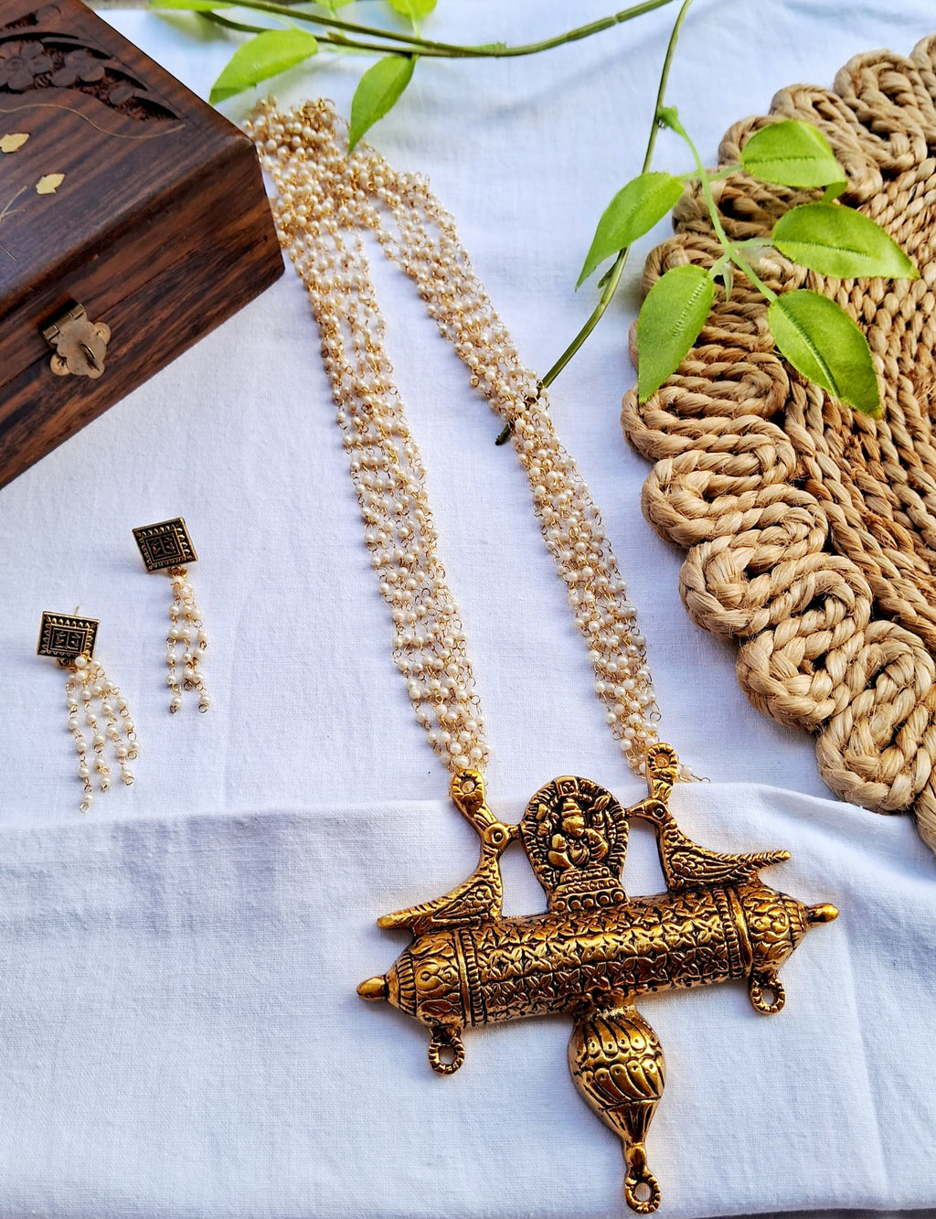 Statement Moti Chain Long Necklace Set