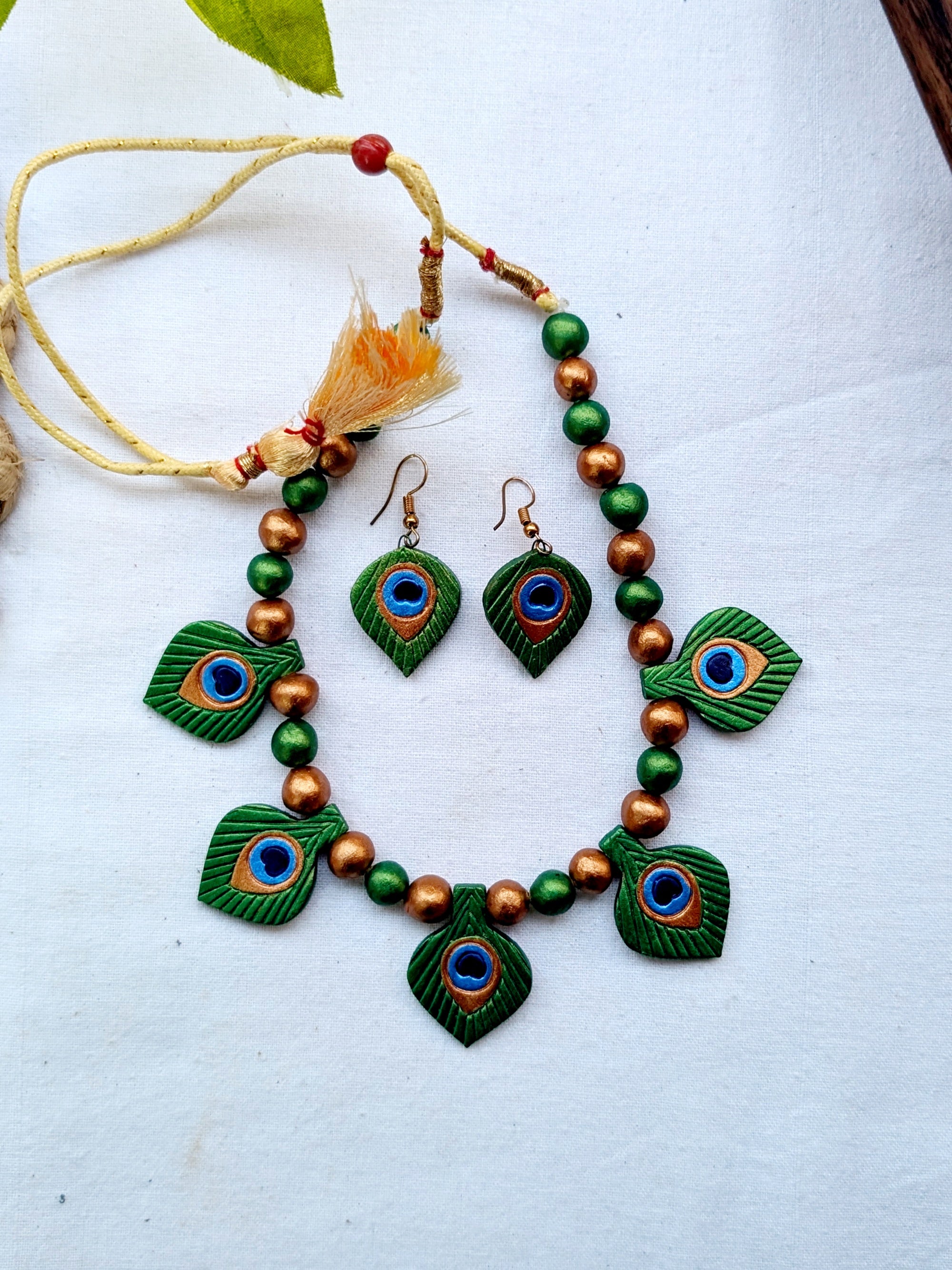 Hand Made Terracotta Or Clay Peacock Feather Necklace Set