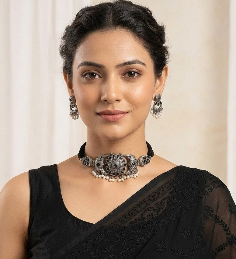 Classy Stone Studded Silver Replica Choker Set