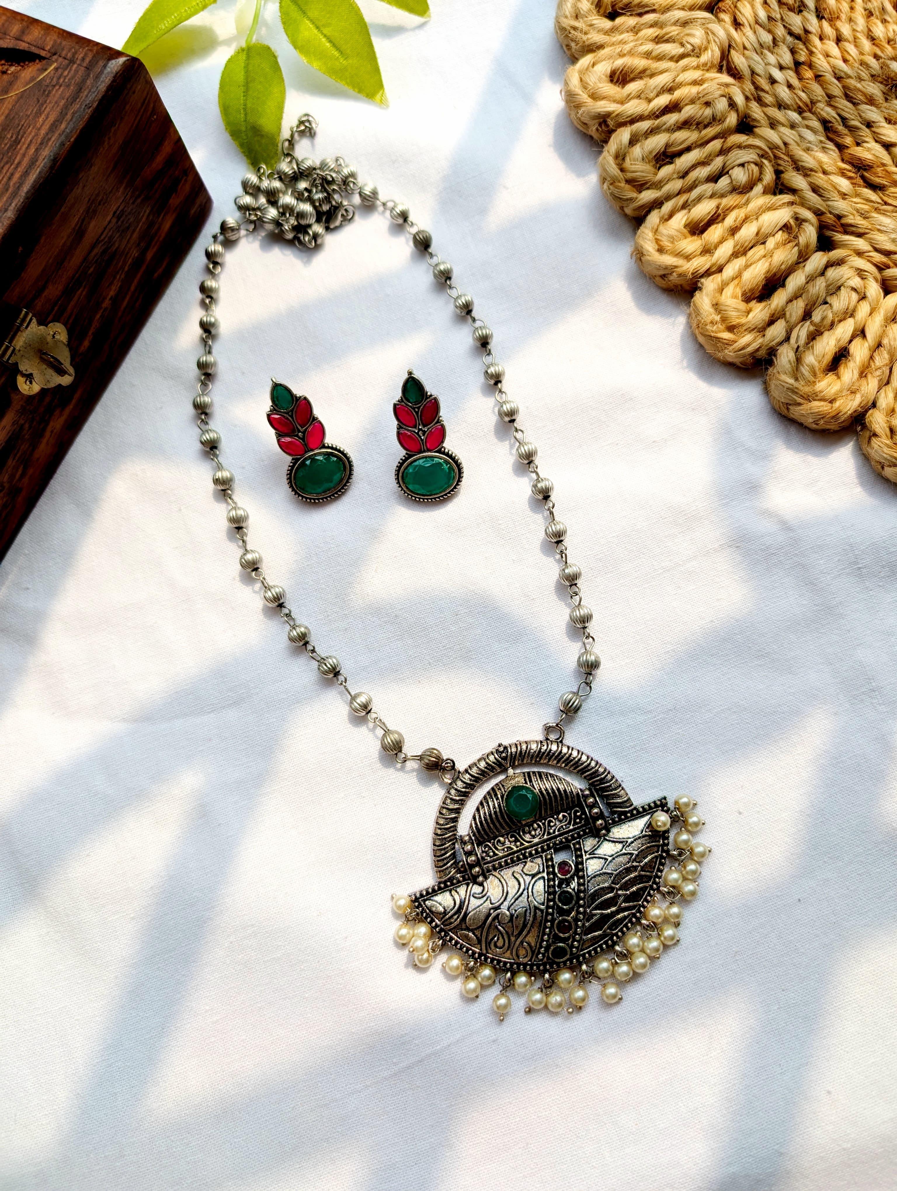 Oxidised Silver Stone Studded Pendant Sets