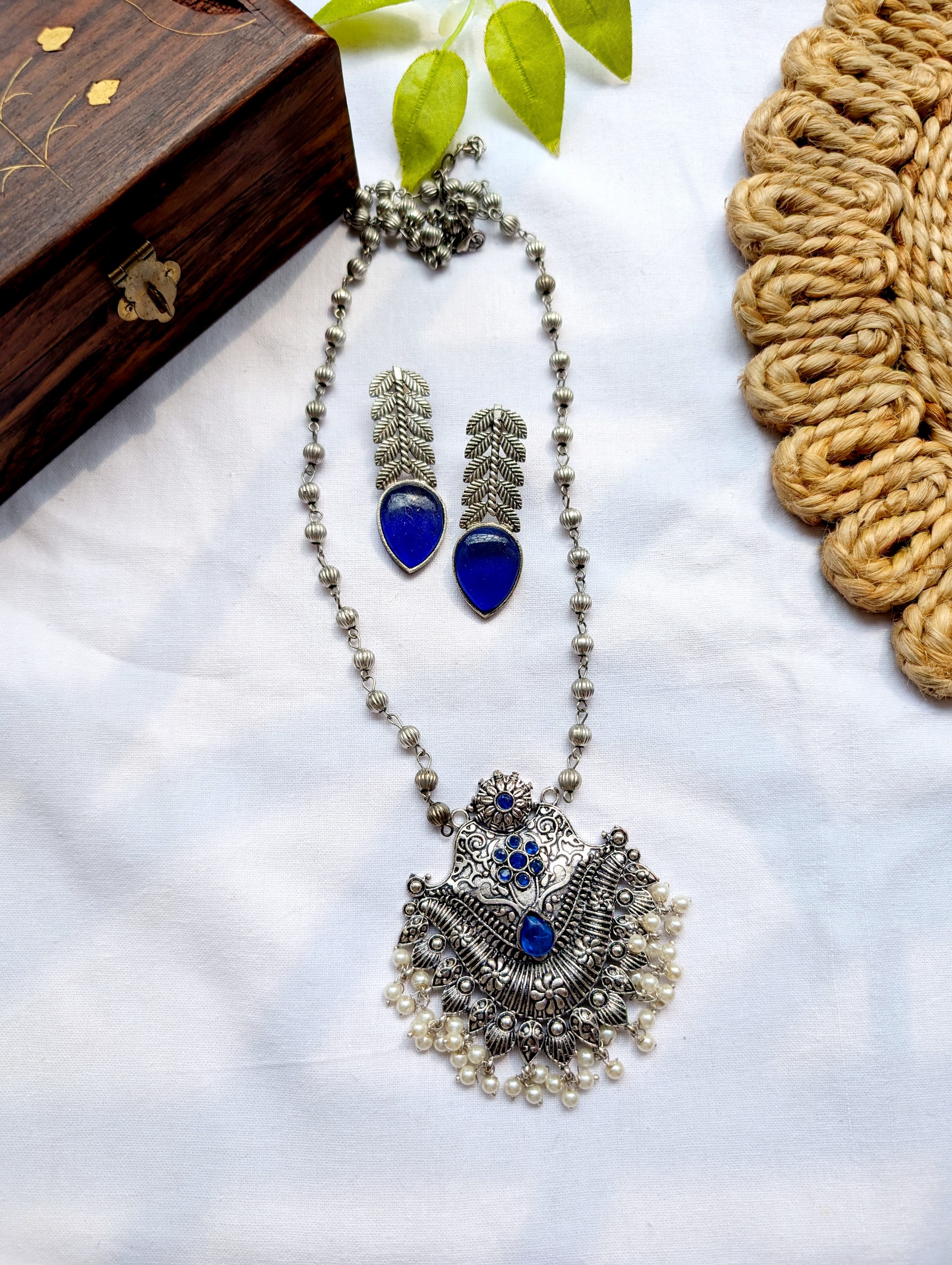 Oxidised Silver Stone Studded Pendant Sets