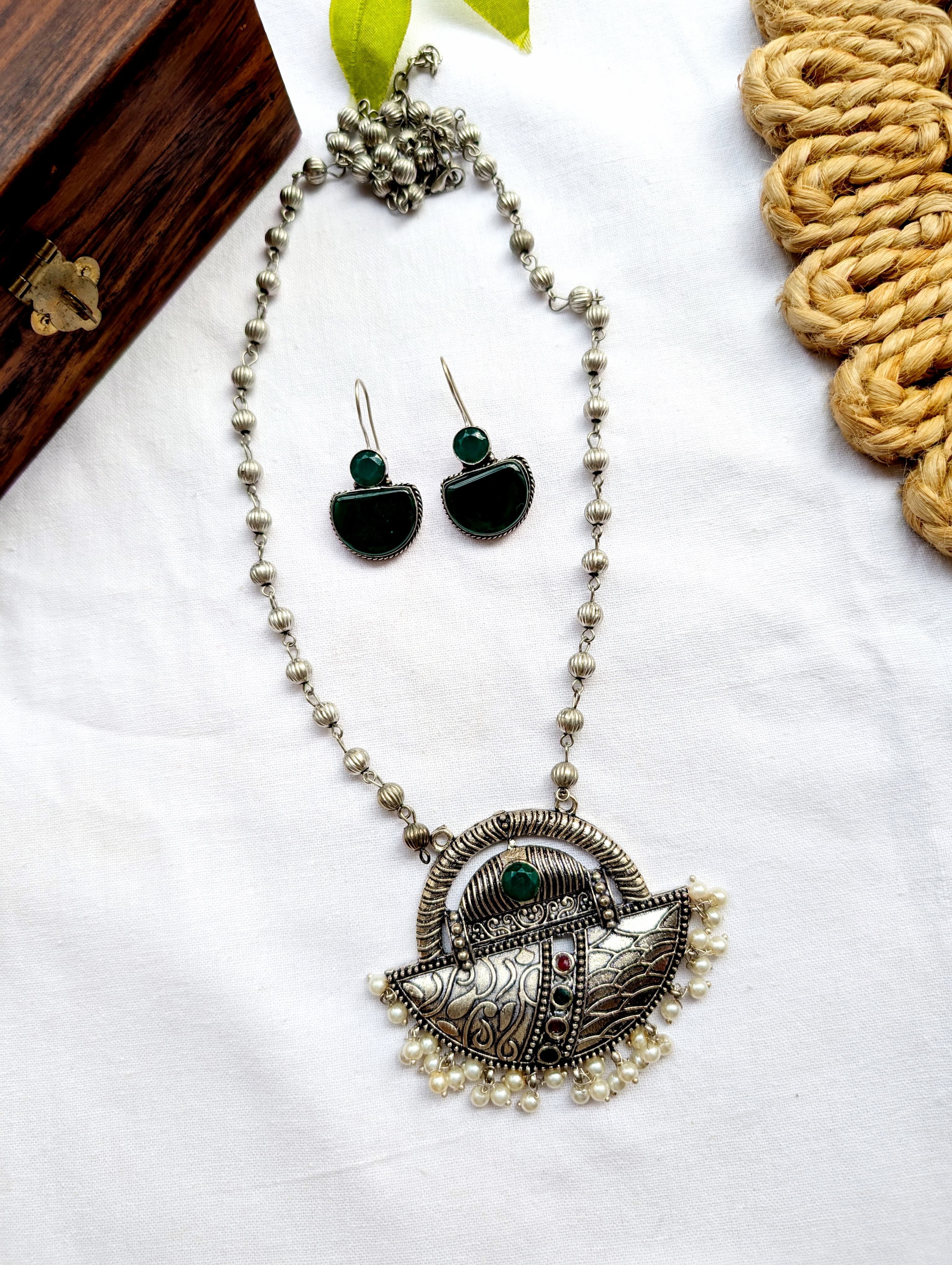 Oxidised Silver Stone Studded Pendant Sets