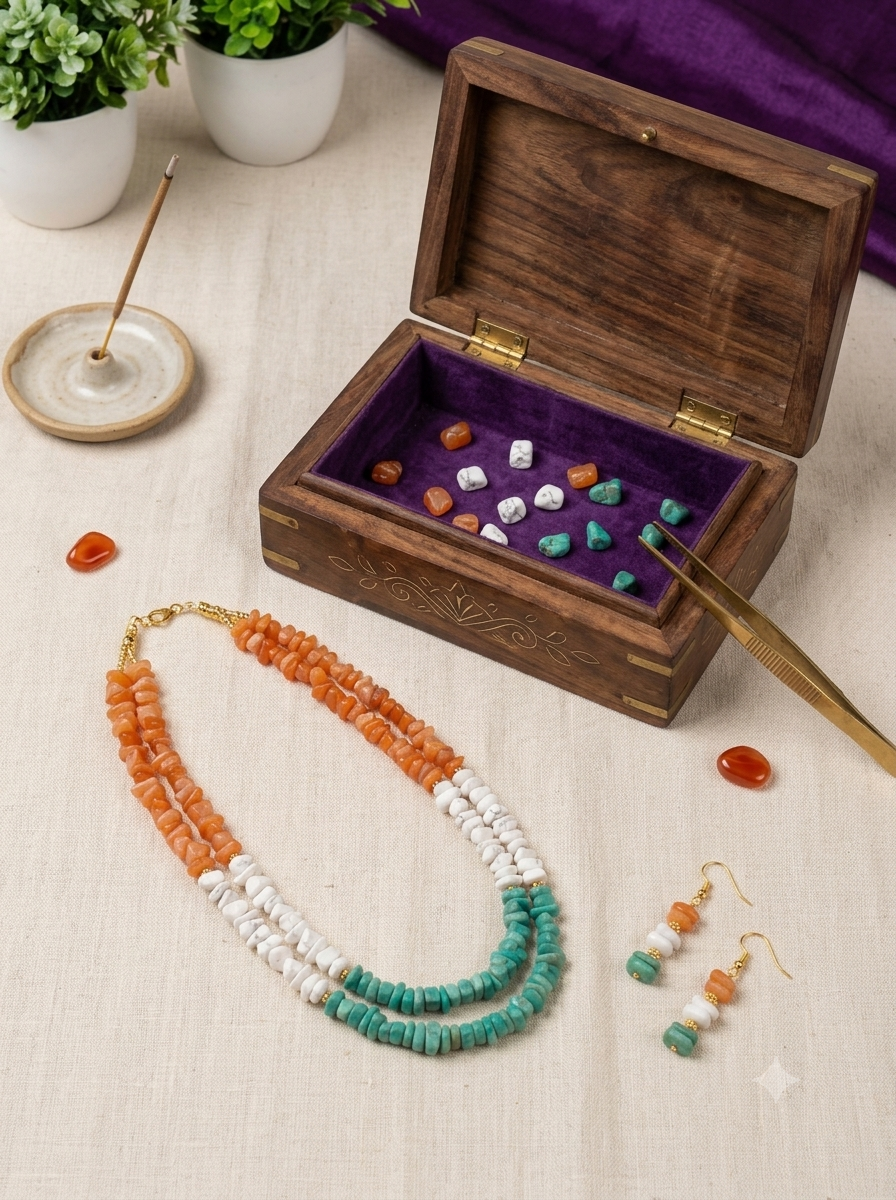 Tricolour Uncut Beads Necklace Set