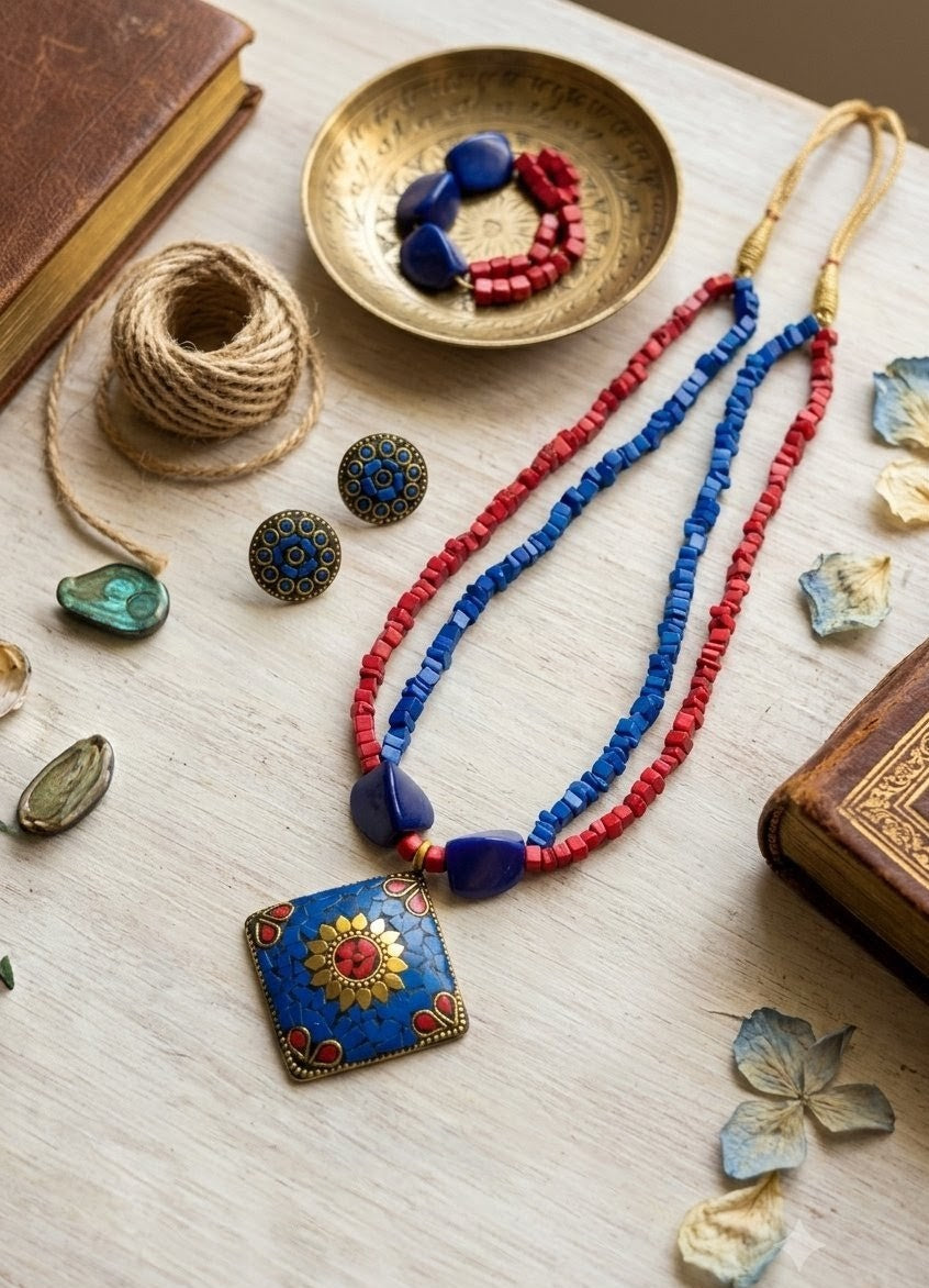 Designer Tibetan Pendant Uncut Beads Necklace Set