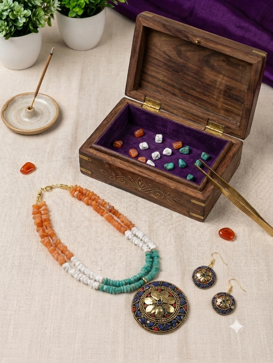 Tricolour Tibetan Pendant Uncut Beads Necklace Set