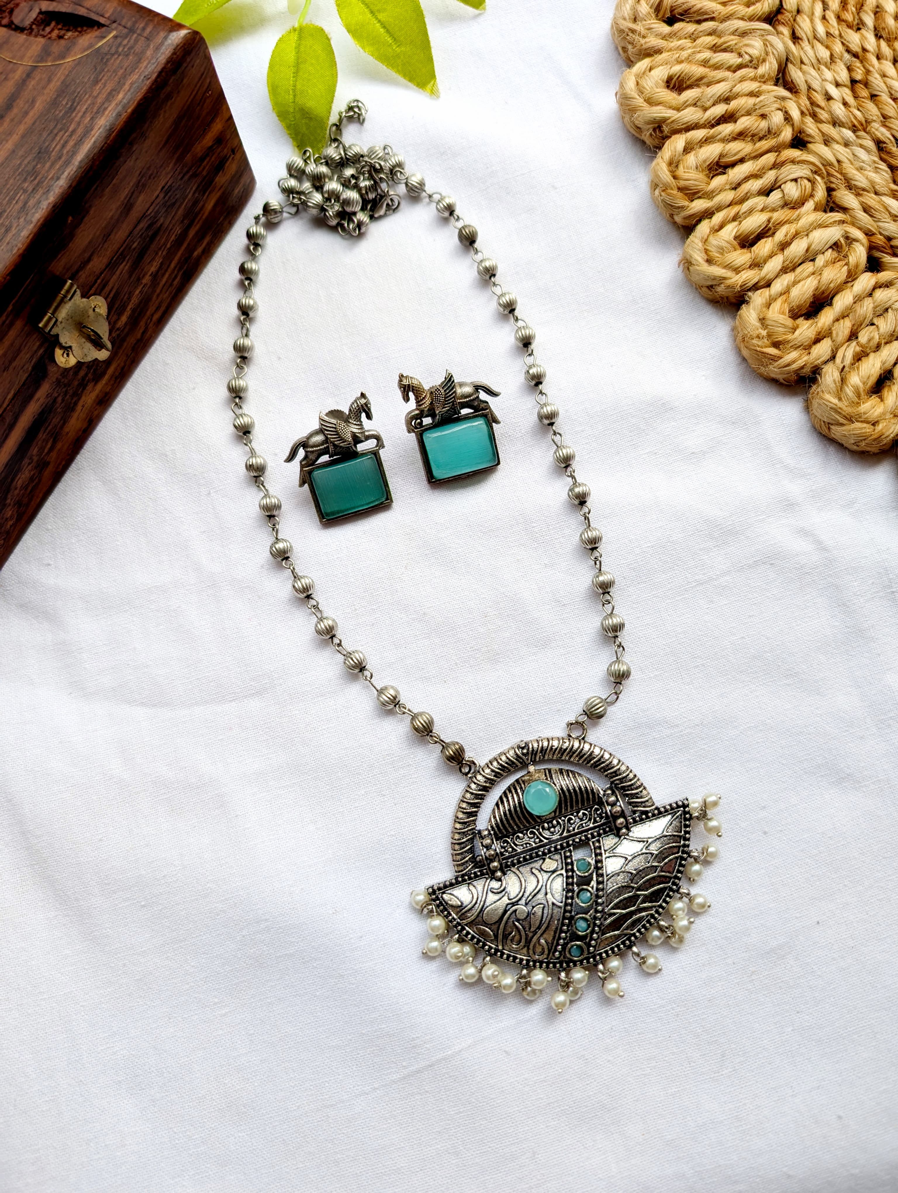 Oxidised Silver Stone Studded Pendant Sets