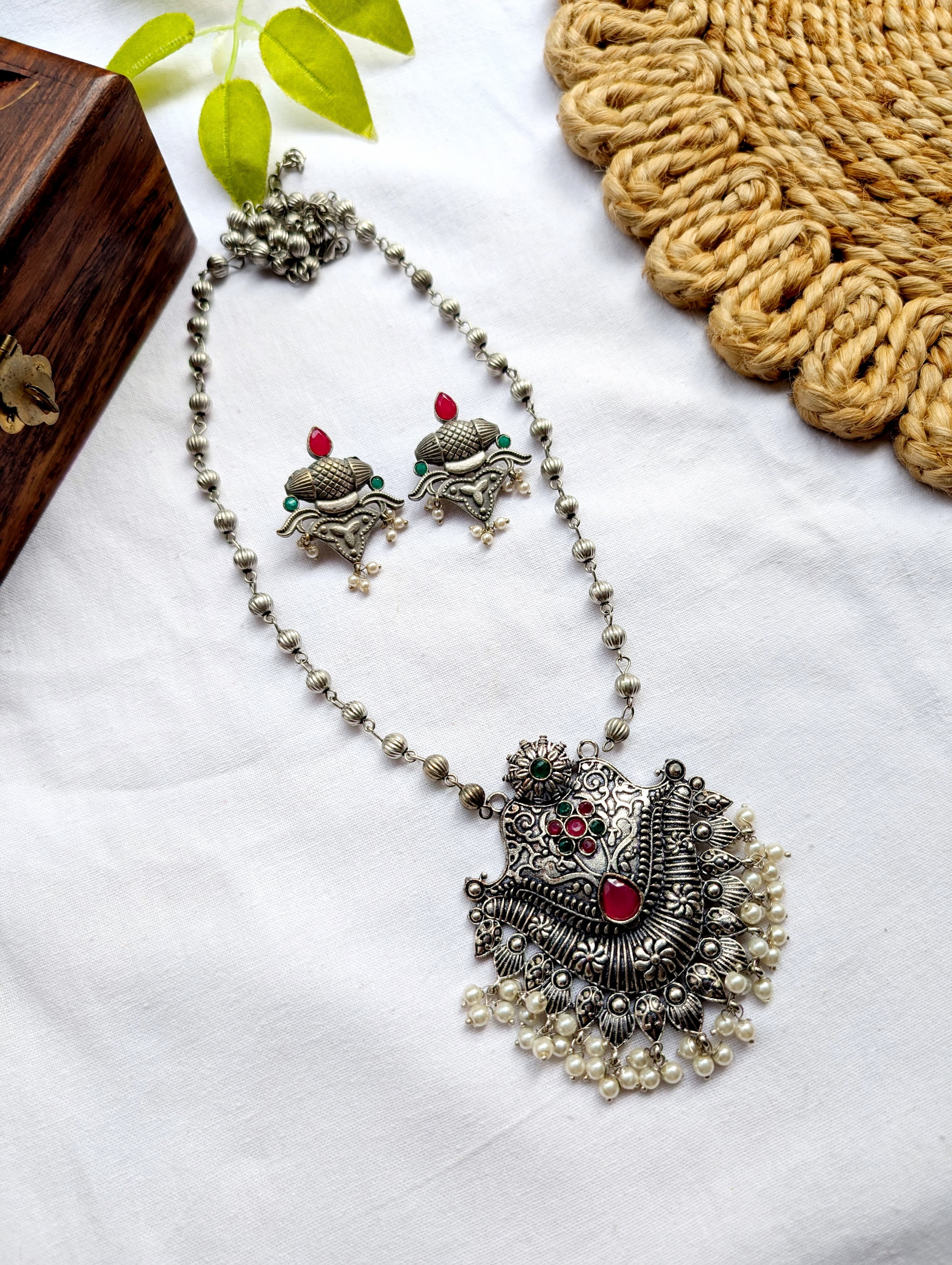 Oxidised Silver Stone Studded Pendant Sets