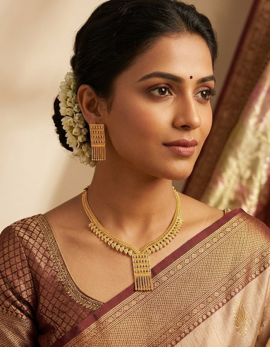 Designer Gold Plated Bengali Style Necklace Set