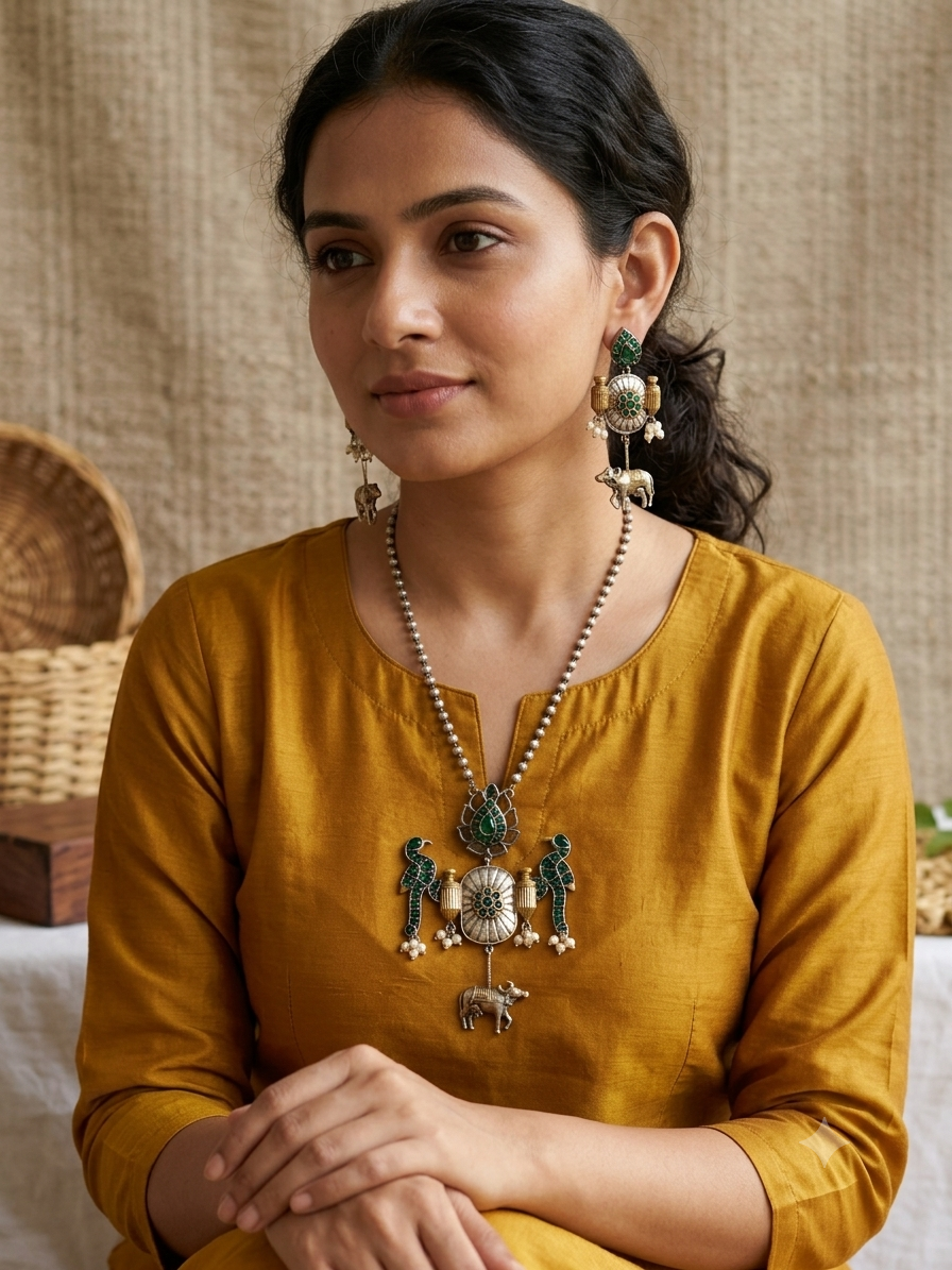 Statement Dual Tone Brass Pendant Set