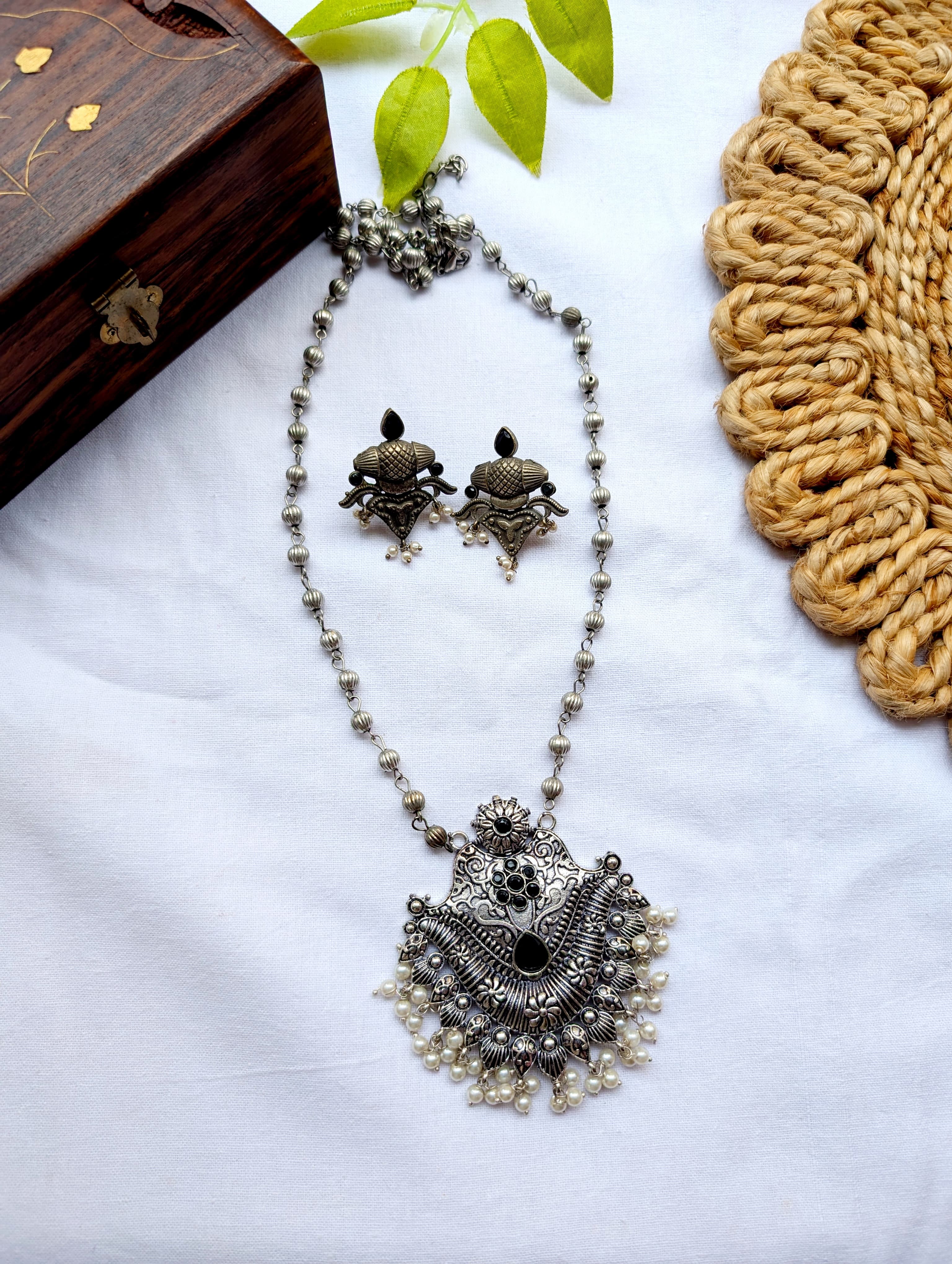 Oxidised Silver Stone Studded Pendant Sets