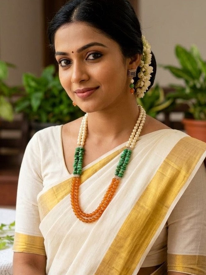 Tricolour Uncut Beads and Onyx Necklace Set