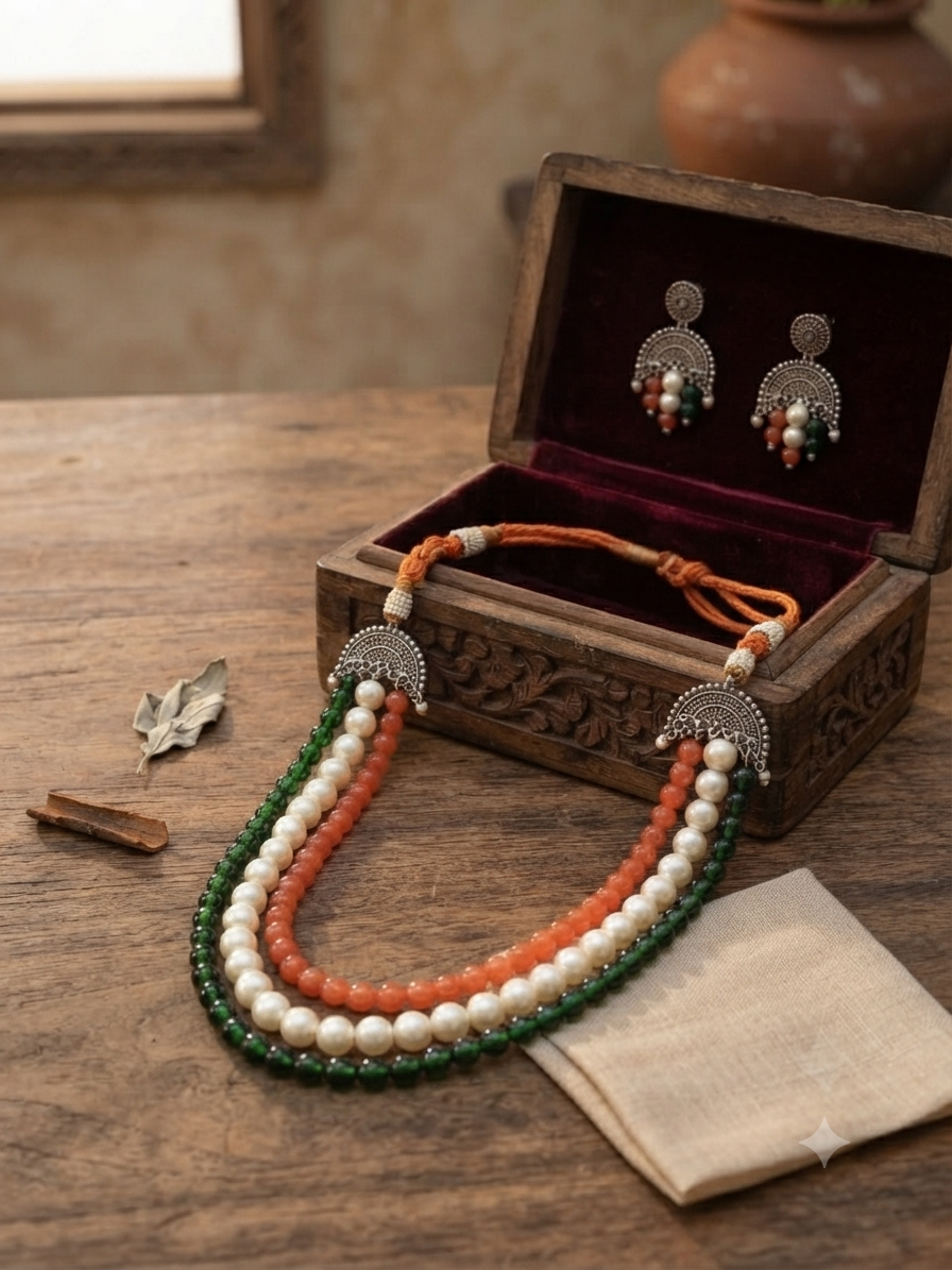 Tricolour Elegant Beads Layered Necklace Set