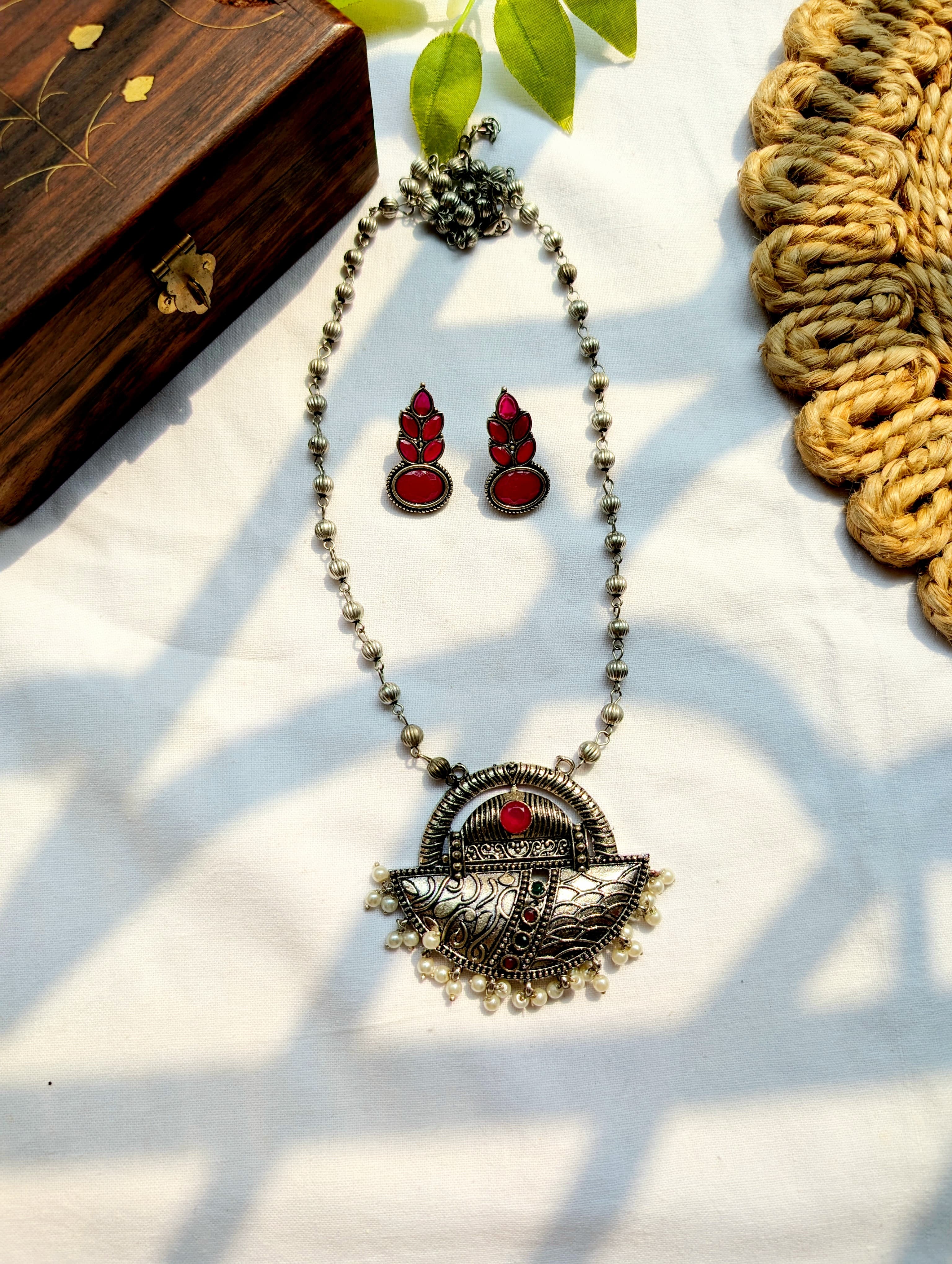 Oxidised Silver Stone Studded Pendant Sets