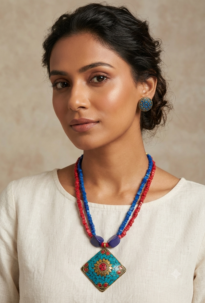 Designer Tibetan Pendant Uncut Beads Necklace Set